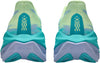 The ASICS Superblast 3 (All Gender) shoes by Asics are shown from the back in light green with teal and lilac accents. The heels feature a geometric pattern in yellow and teal, while the soles incorporate FFBlast+ and advanced FF LEAP cushioning—ideal for everyday running.