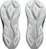Two white and gray patterned shoe soles from the ASICS Superblast 3 (All Gender) by Asics are displayed side by side, showcasing modern geometric textured rubber grips—ideal for everyday runs with their innovative FF LEAP cushioning.