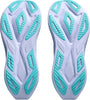 The image displays two white shoe soles with teal, geometric grip patterns and raised sections, shown from below and parallel on a white background. These are the soles of the ASICS Superblast 3 (All Gender) by Asics, featuring innovative FF LEAP cushioning for enhanced everyday running comfort and superior traction.