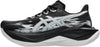 A black ASICS Superblast 3 (All Gender) running shoe with white and gray accents, featuring a thick, sculpted sole and a dynamic, wavy side design, this shoe is ideal for everyday runs and delivers responsive comfort with advanced FF LEAP cushioning.