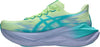 An ASICS Superblast 3 (All Gender) running shoe in light green and blue, featuring FF LEAP cushioning, a thick sculpted sole, and a gradient design—shown from the side and ideal for daily runs.