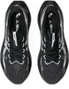 Top view of a pair of black ASICS Superblast 3 (All Gender) shoes featuring white logos and accents, white laces, and mesh detailing on the upper—engineered with advanced FF LEAP cushioning by Asics for superior comfort during daily runs.
