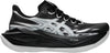 The ASICS Superblast 3 (All Gender) features a bold black and white upper with dynamic wavy patterns and prominent white ASICS branding. Designed for everyday running, this shoe showcases a thick, sculpted sole with "FF LEAP" cushioning text on the midsole for enhanced comfort and performance.