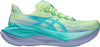 A side view of the ASICS Superblast 3 (All Gender) in light green and teal, showcasing a thick, sculpted sole and a subtle blue Asics logo on the side. Built for everyday running, it incorporates FF LEAP cushioning to provide added comfort and support. The outsole is teal, while the midsole features a gradient that transitions from teal to light purple.